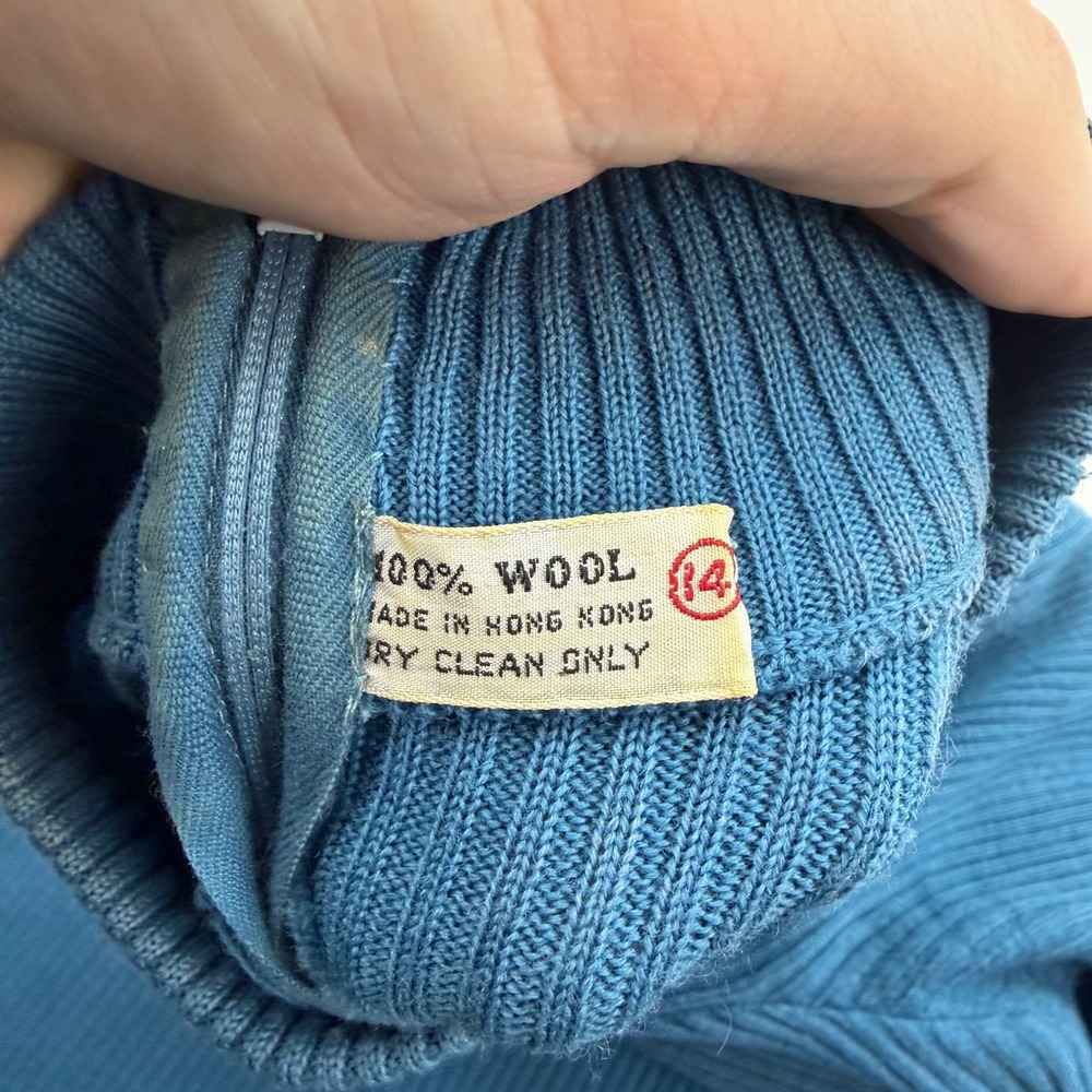 Vintage 60s Sweater Womens 14 Blue Ribbed Wool Made in Hong Kong Zip - Picture 2 of 13